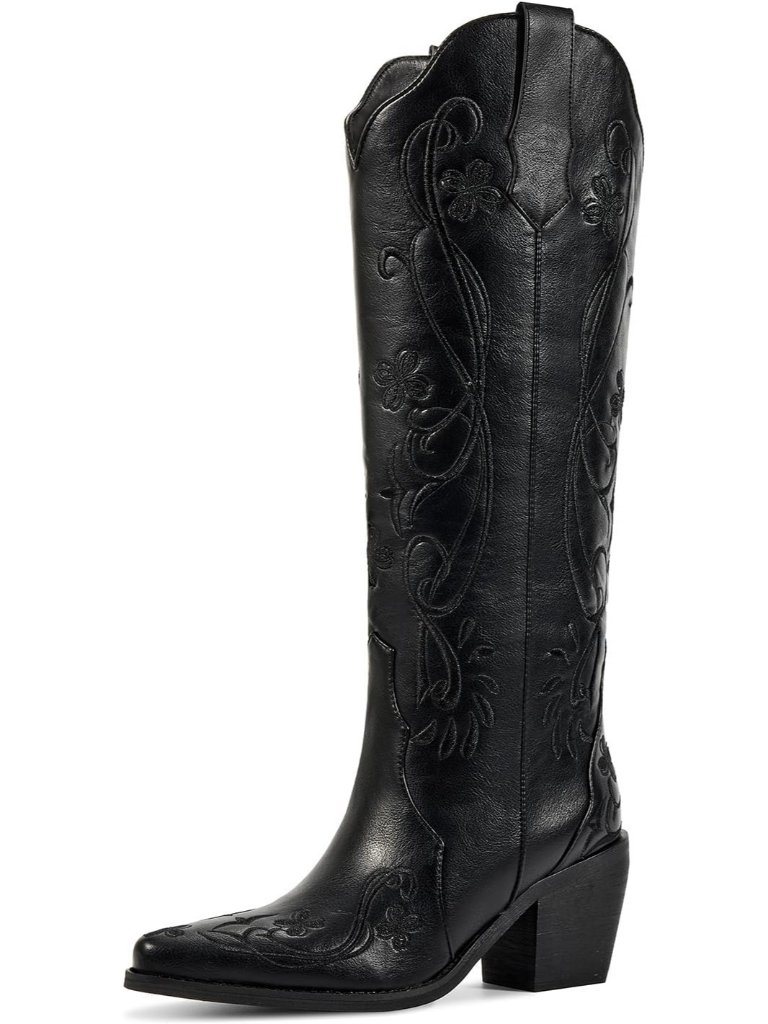 Women's Knee High Cowgirl Boots Western Boots With Pointed Toe Black Floral
